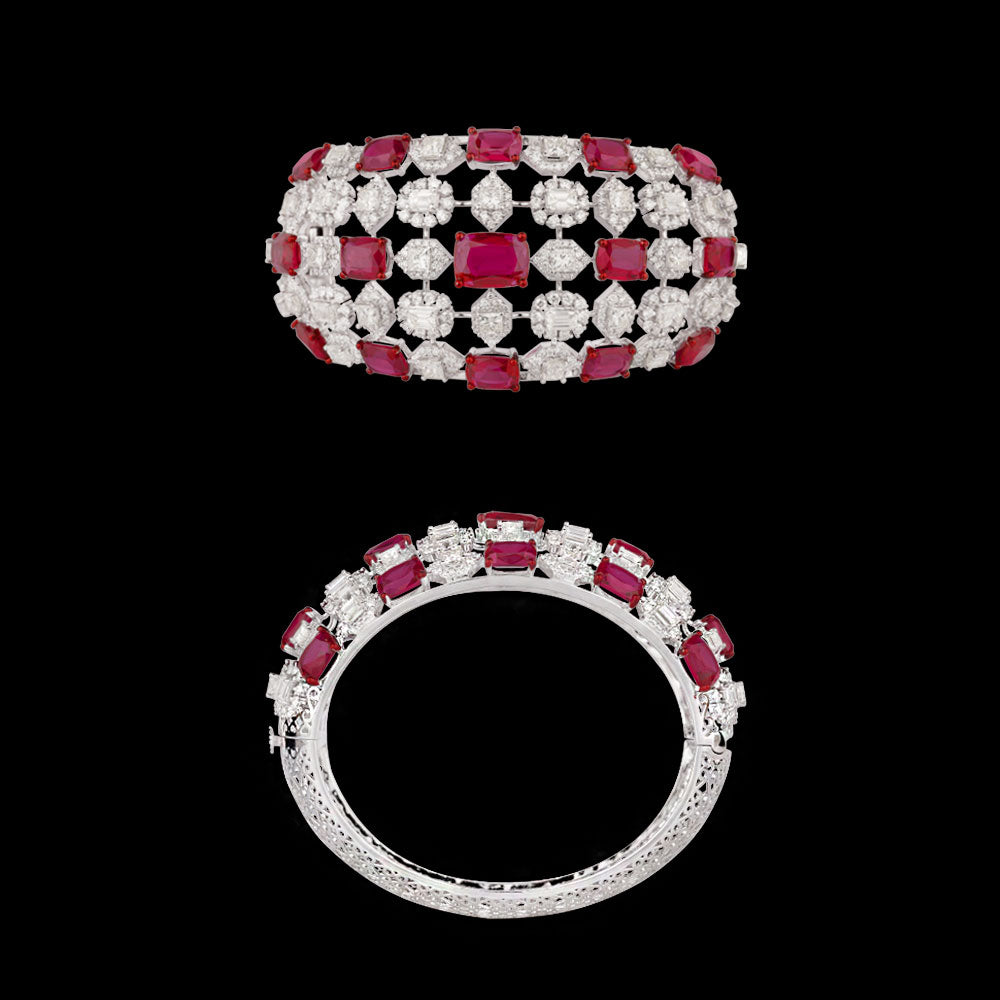 14K White Gold Diamond Kada - 14.544ct VVS-VS-IJ with Colour Stones