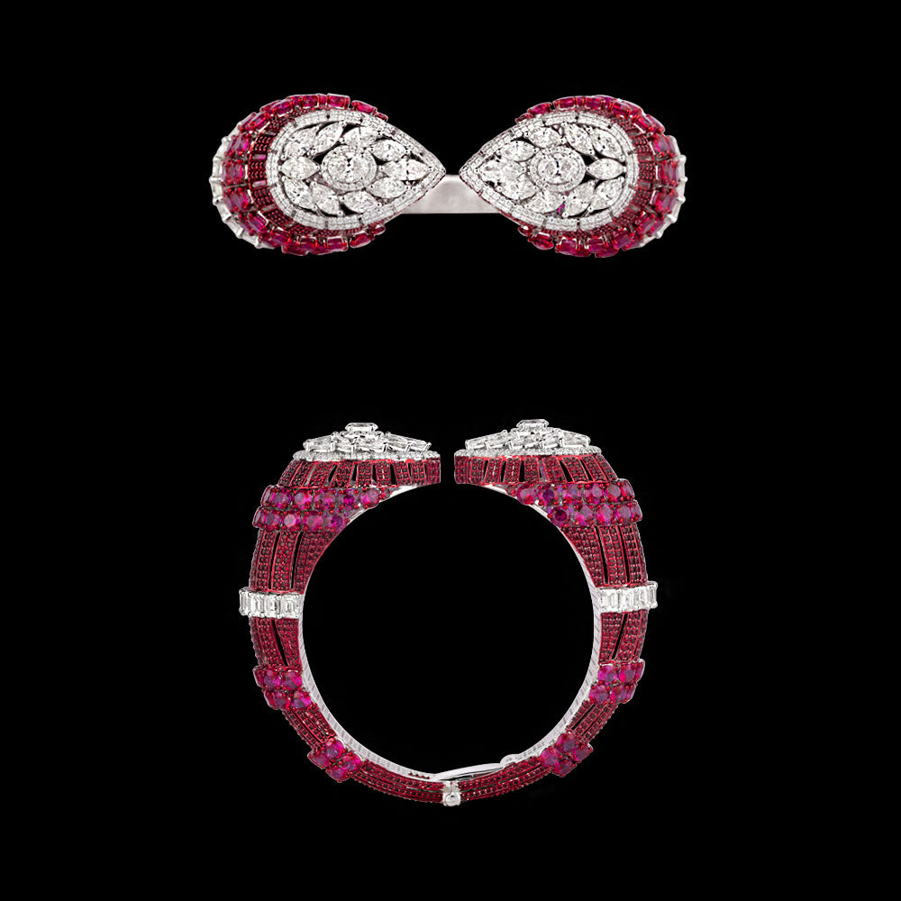 14K White Gold Diamond Kada - 13.409ct VS-SI-GH with Colour Stones