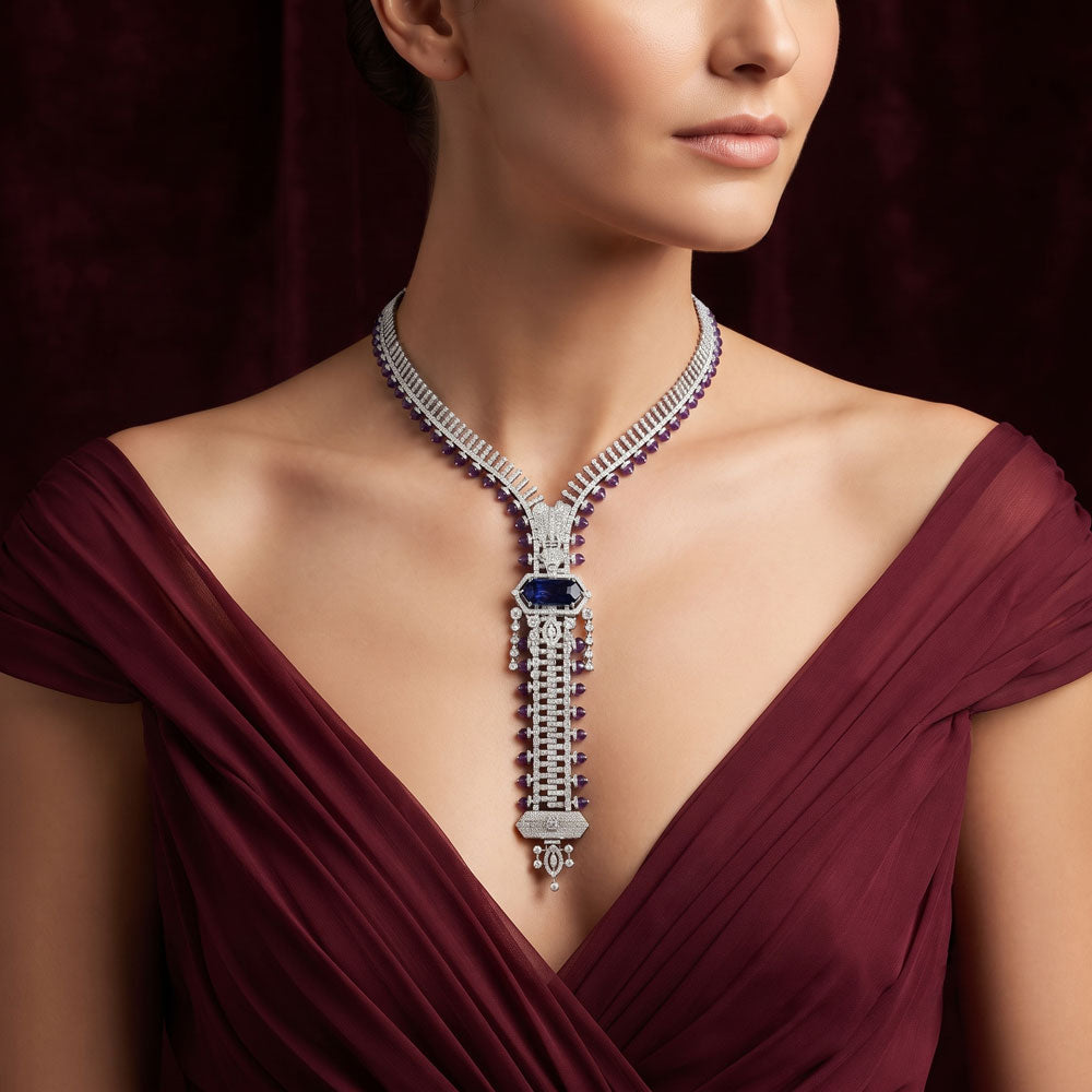 14K White Gold Diamond Necklace - 8.685ct VVS-GH with Colour Stones