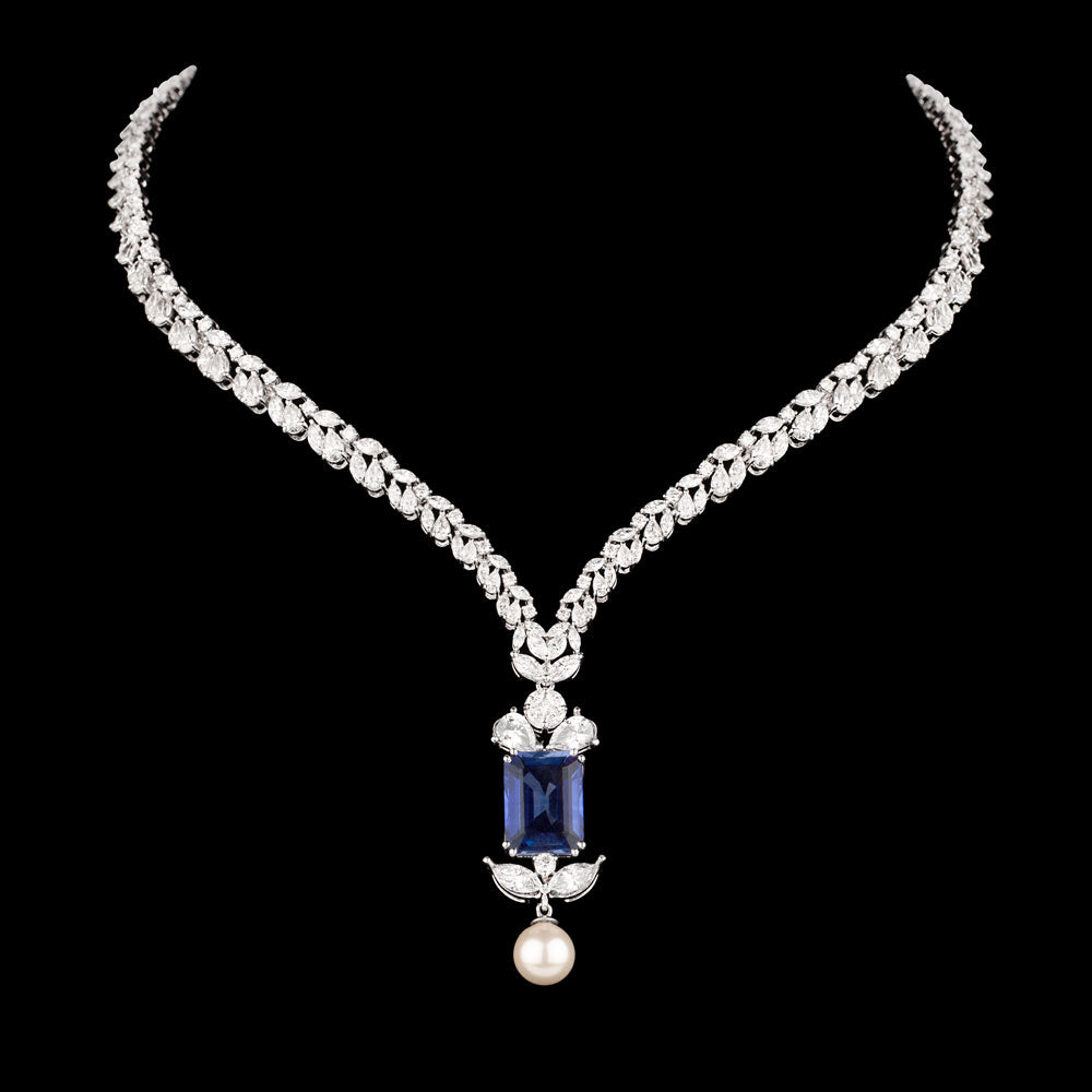 18K White Gold Diamond Necklace - 19.82ct VVS-VS-GH with Colour Stones