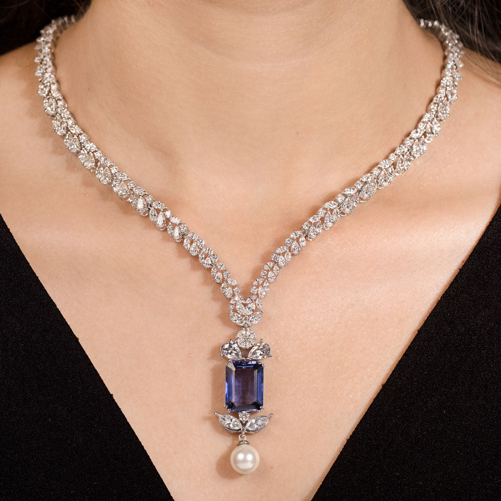 18K White Gold Diamond Necklace - 19.82ct VVS-VS-GH with Colour Stones