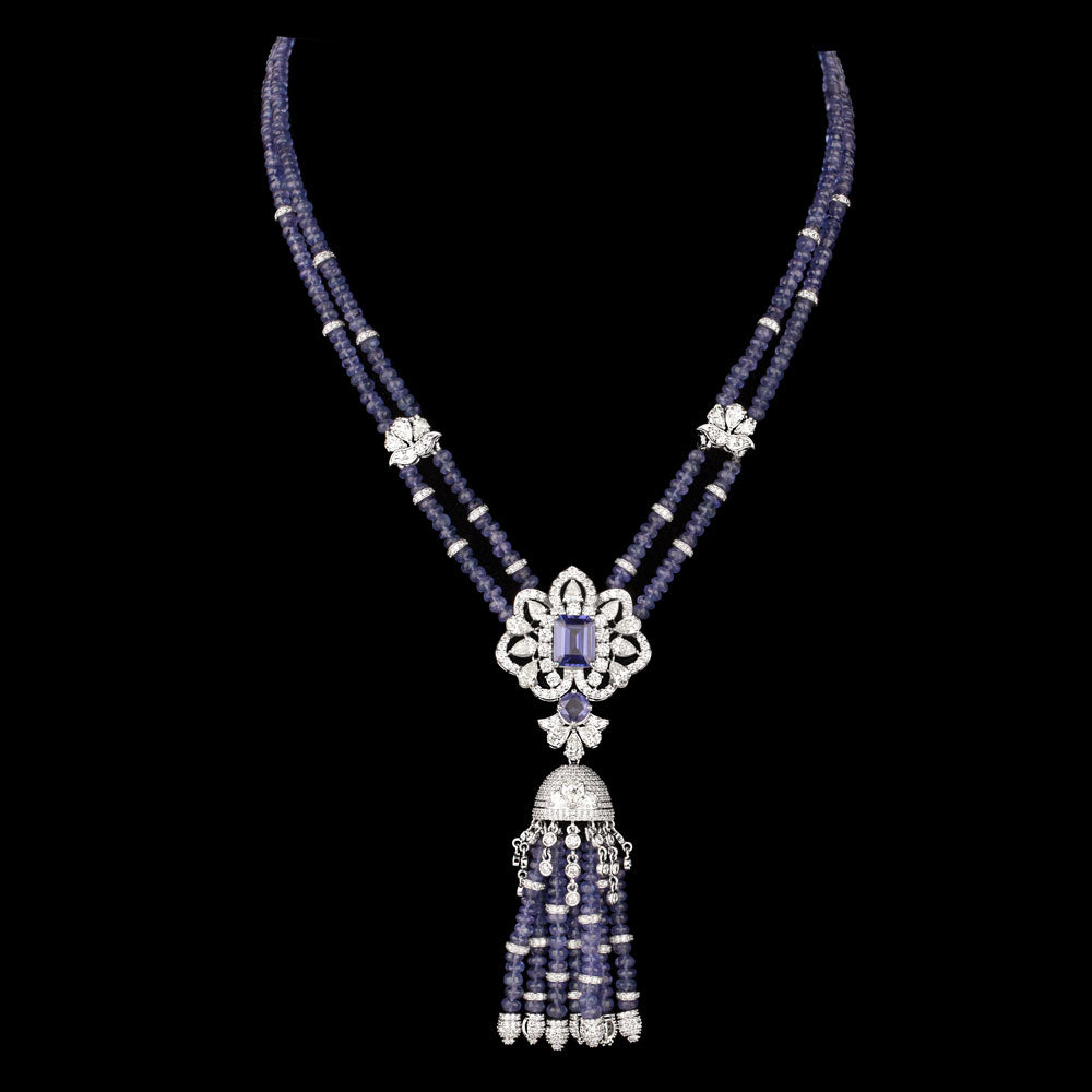 14K White Gold Diamond Necklace - 14.337ct VS-SI-JK with Colour Stones