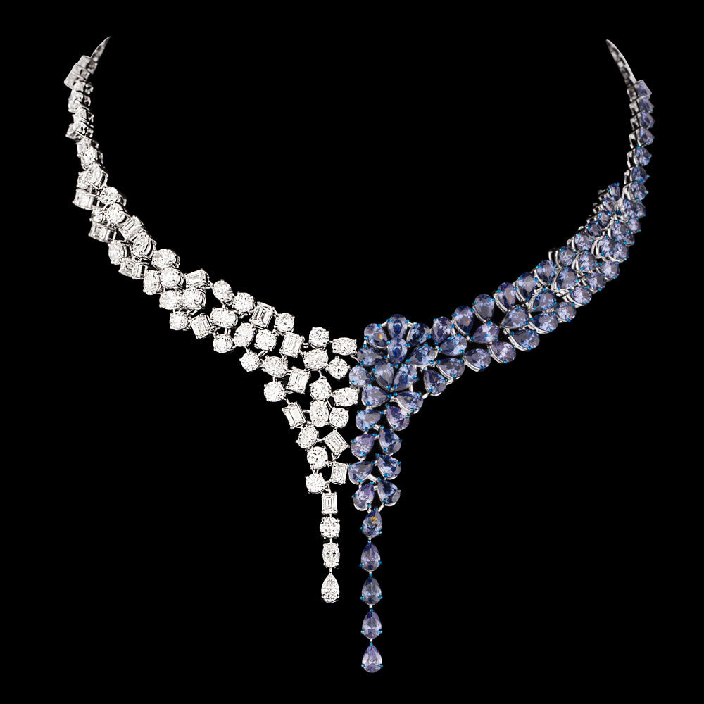 18K White Gold Diamond Necklace - 18.549ct VVS-VS-HI with Colour Stones