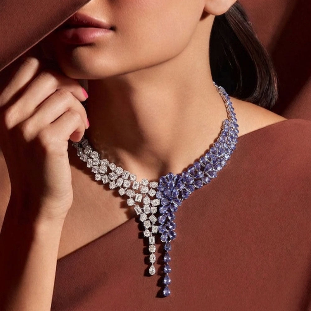 18K White Gold Diamond Necklace - 18.549ct VVS-VS-HI with Colour Stones