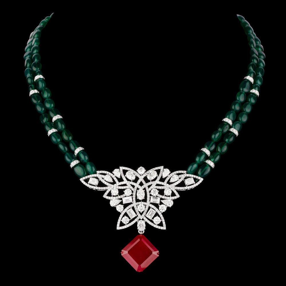 18K White Gold Diamond Necklace - 14.868ct VVS-VS-IJ with Colour Stones