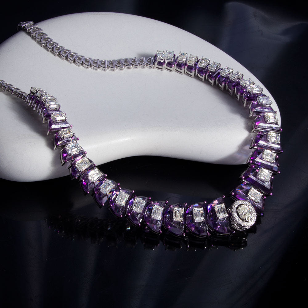 18K White Gold Diamond Necklace - 20.469ct VVS-VS-GH with Colour Stones