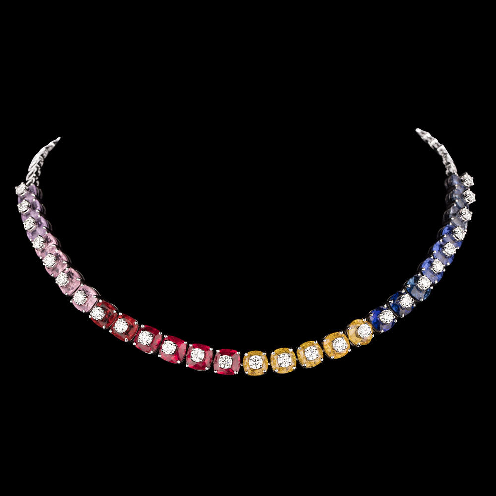 18K White Gold Diamond Necklace - 8.278ct VVS-VS-HI with Colour Stones