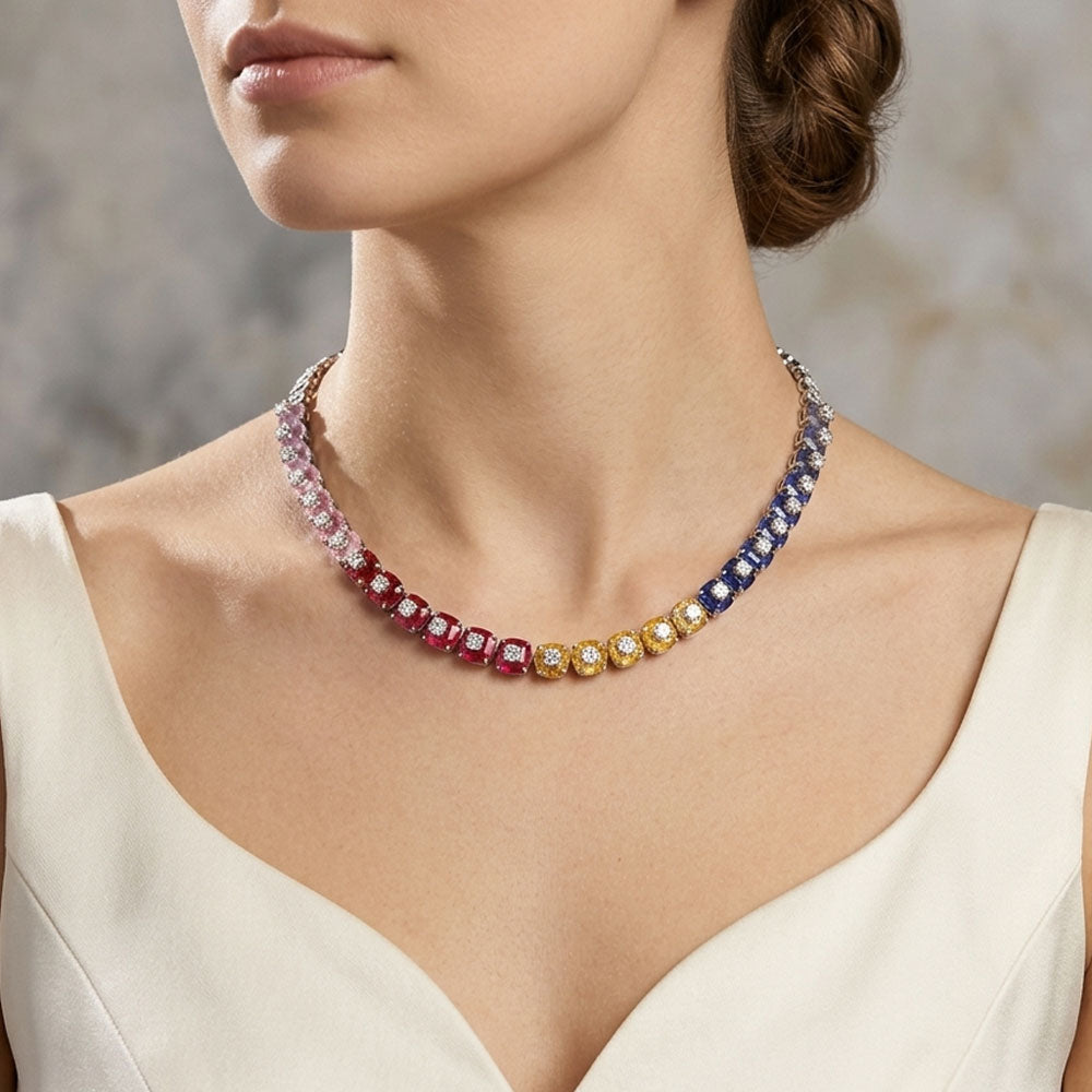 18K White Gold Diamond Necklace - 8.278ct VVS-VS-HI with Colour Stones