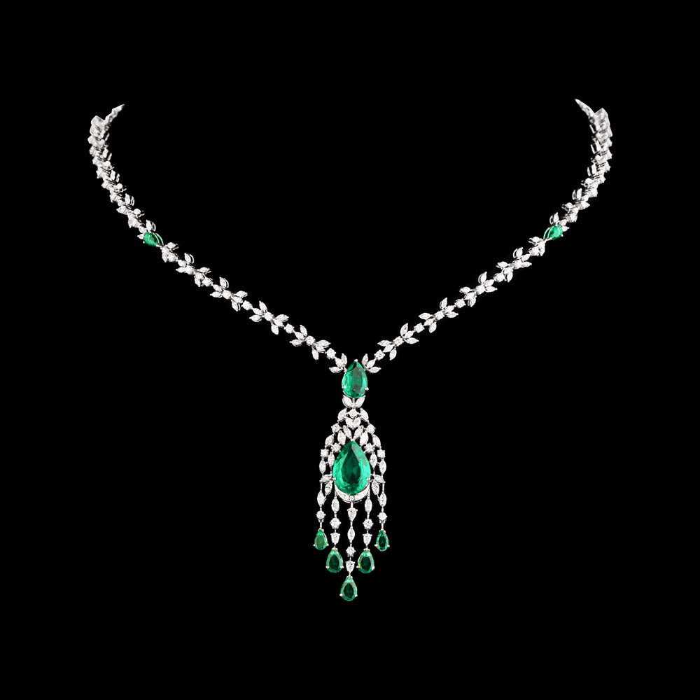 18K White Gold Diamond Necklace - 4.878ct VVS-VS-EF with Colour Stones