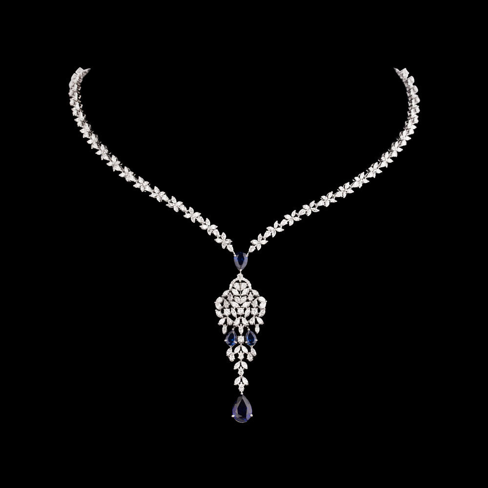 18K White Gold Diamond Necklace - 6.999ct VVS-VS-EF with Colour Stones