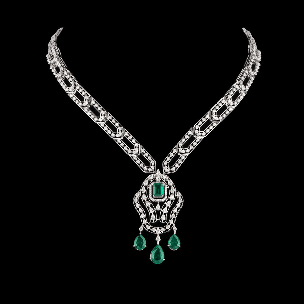 18K White Gold Diamond Necklace - 6.637ct VVS-FG with Colour Stones