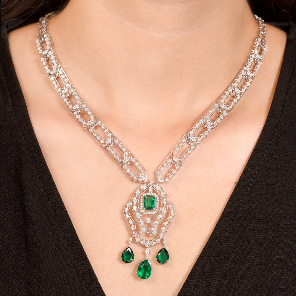 18K White Gold Diamond Necklace - 6.637ct VVS-FG with Colour Stones