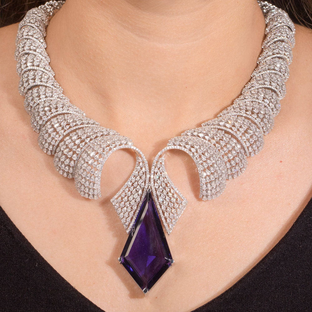 18K White Gold Diamond Necklace - 36.835ct VVS-EF with Colour Stones