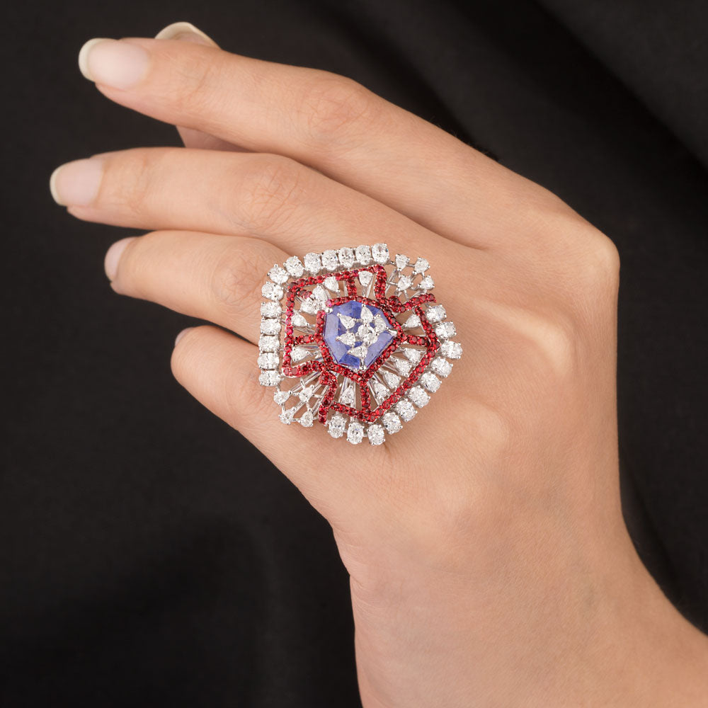 18K White Gold Diamond Ring - 2.916ct VVS-VS-EF with Colour Stones