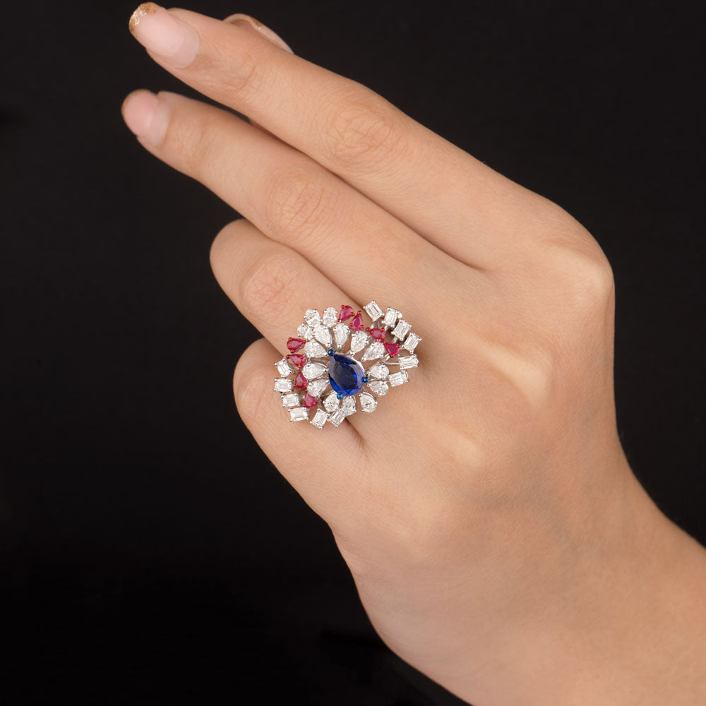 14K White Gold Diamond Ring - 2.45ct VVS-FG with Colour Stones