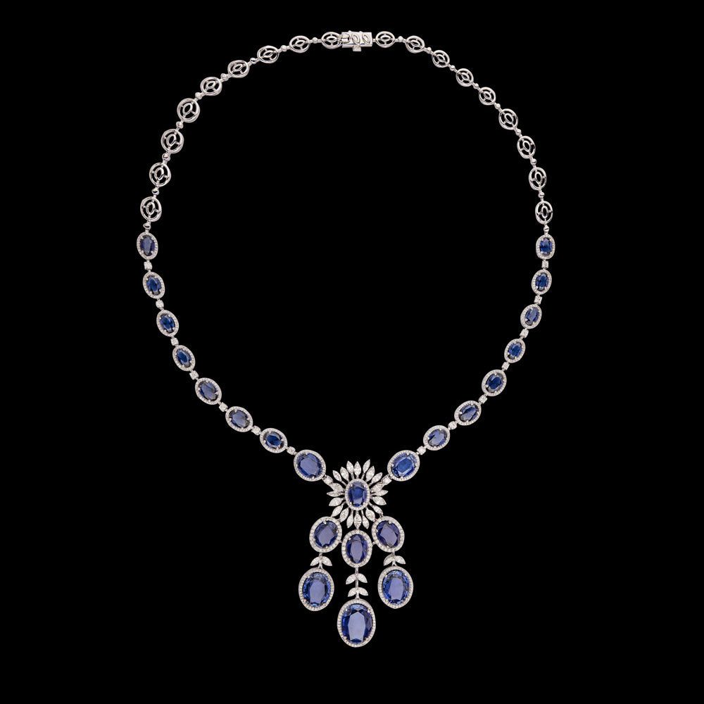 18K White Gold Diamond Necklace - 3.993ct VVS-VS-GH with Colour Stones