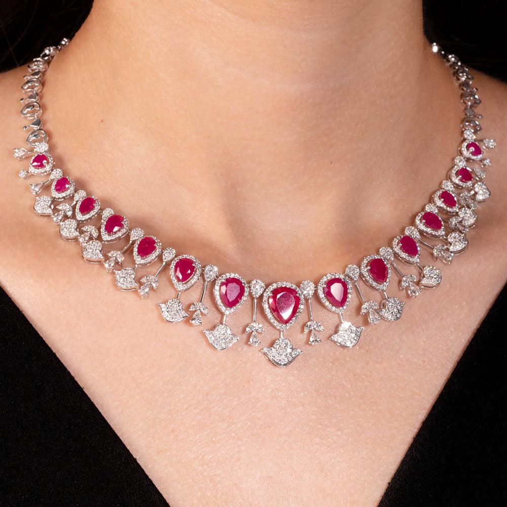 18K White Gold Diamond Necklace - 7.166ct VVS-VS-GH with Colour Stones