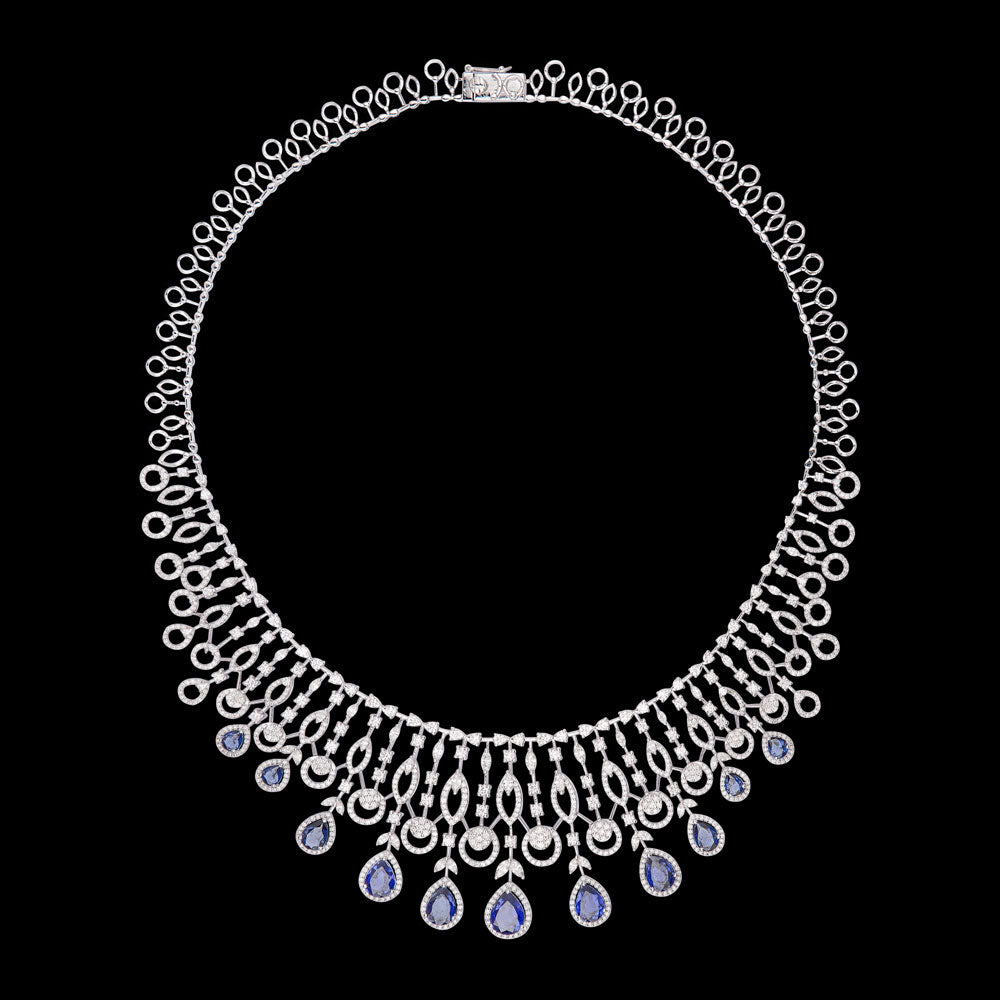 18K White Gold Diamond Necklace - 9.723ct VVS-VS-GH with Colour Stones
