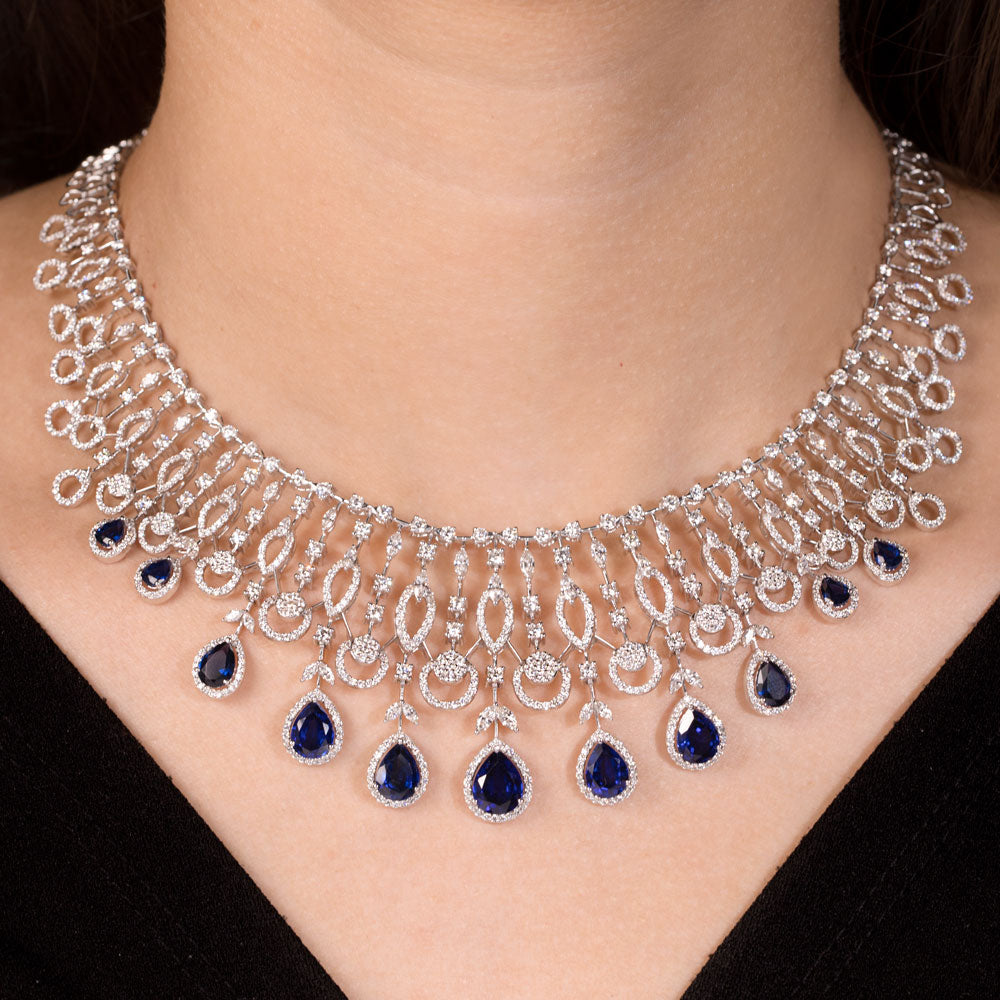 18K White Gold Diamond Necklace - 9.723ct VVS-VS-GH with Colour Stones