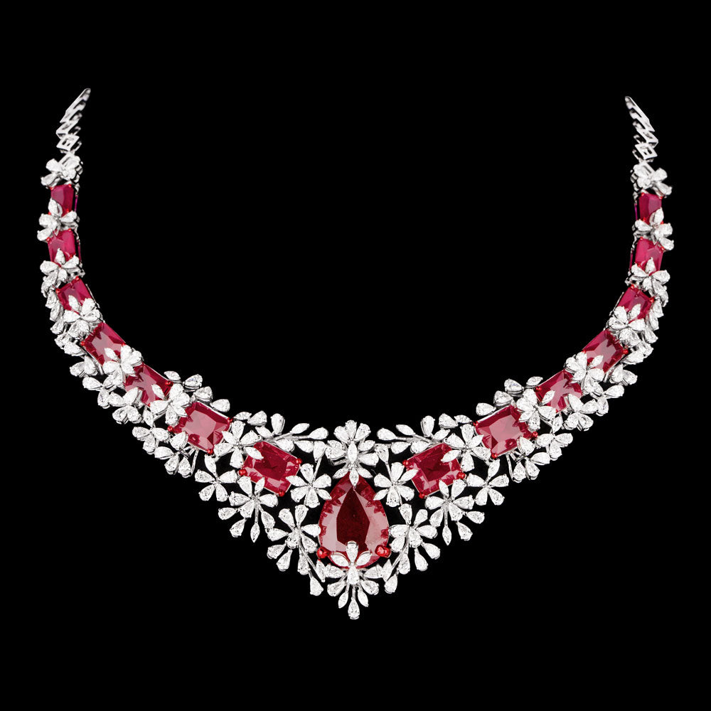 18K White Gold Diamond Necklace - 15.254ct VVS-VS-EF with Colour Stones