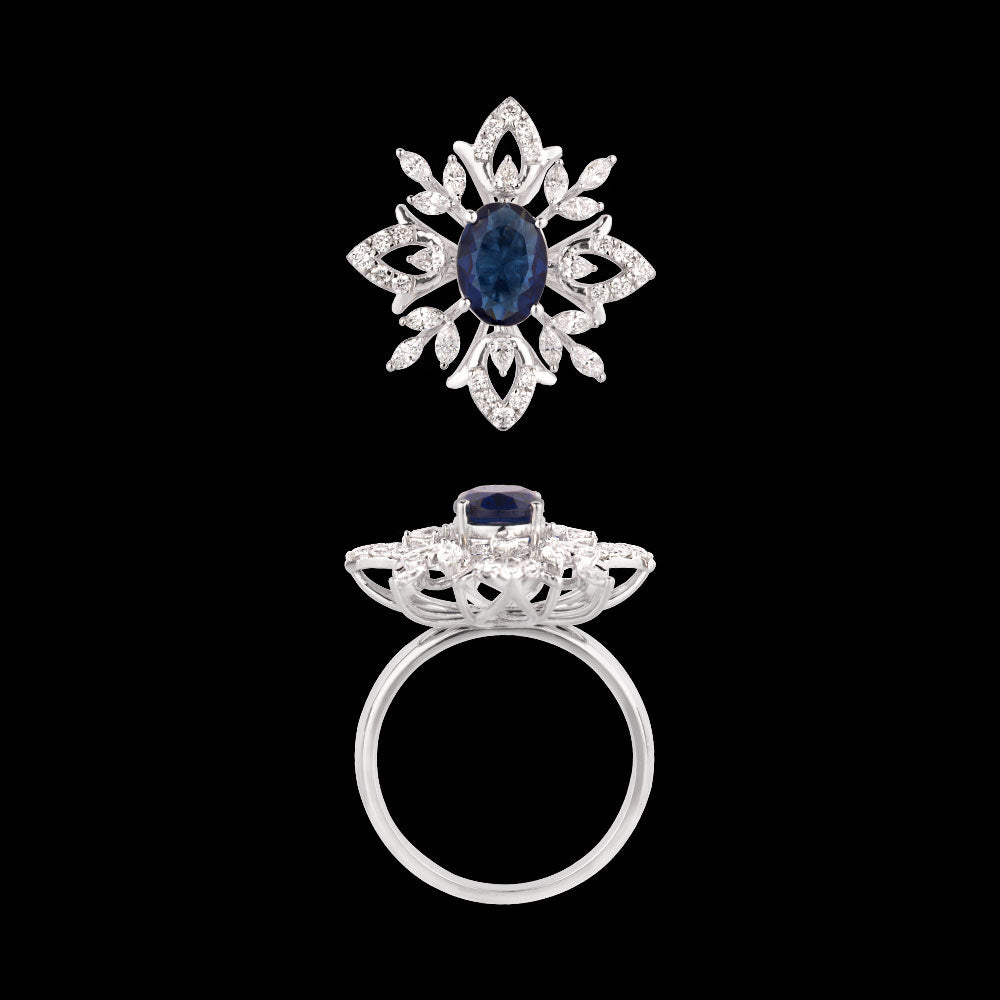 18K White Gold Diamond Ring - 0.58ct VVS-EF with Colour Stones