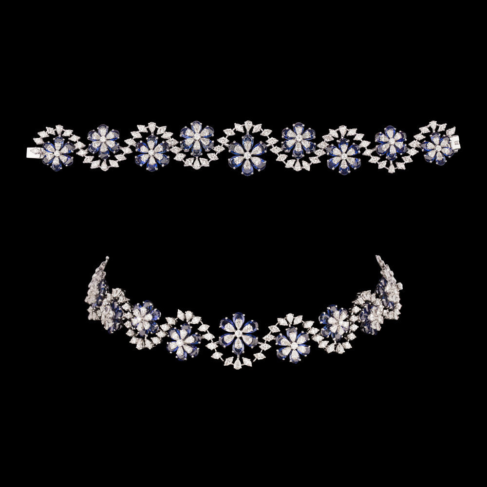18K White Gold Diamond Necklace - 11.37ct VVS-VS-HI with Colour Stones