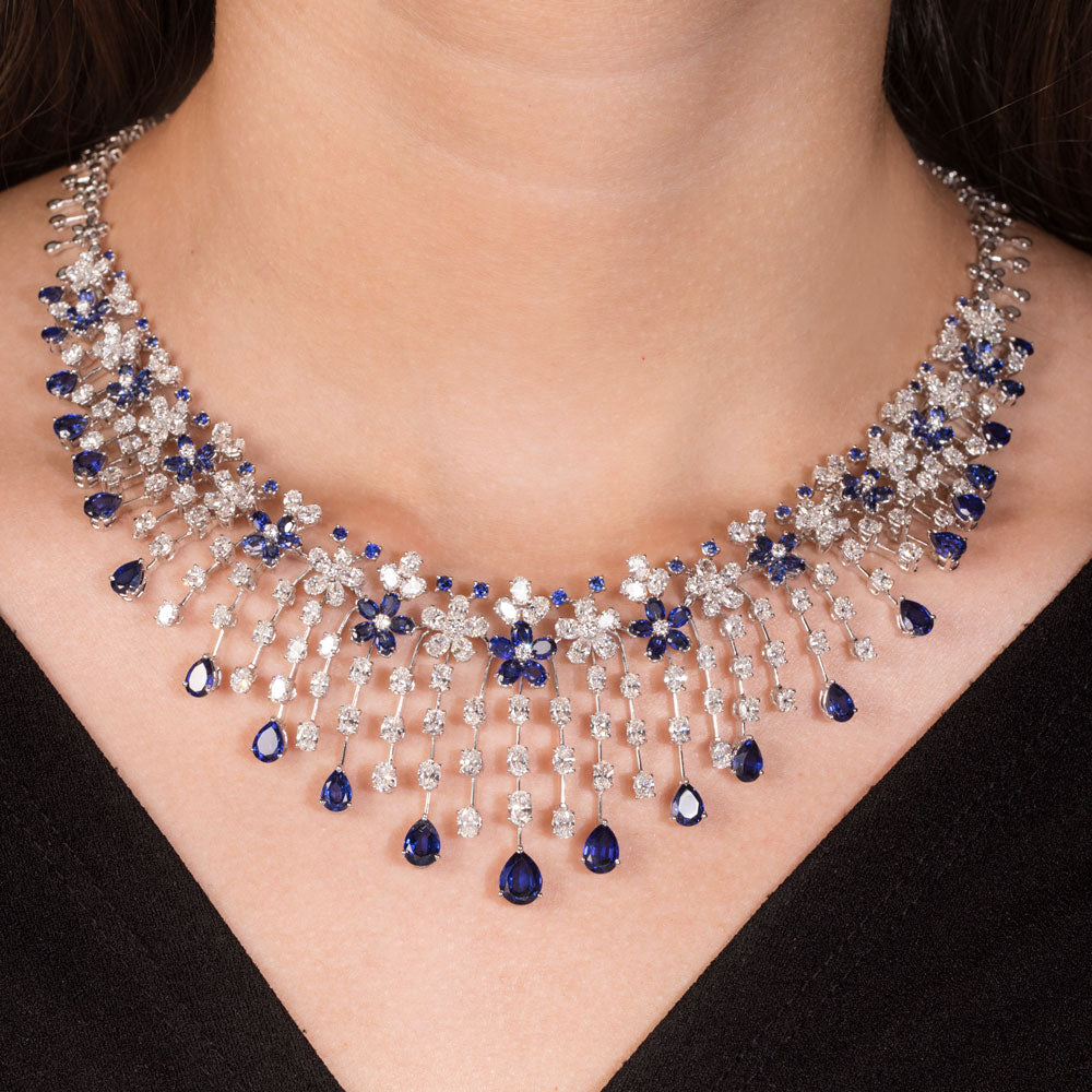 18K White Gold Diamond Necklace - 17.183ct VVS-VS-EF with Colour Stones