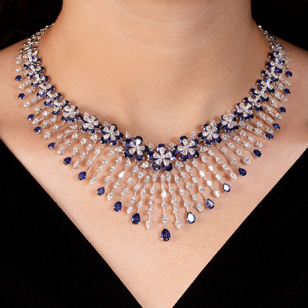 18K White Gold Diamond Necklace - 16.985ct VVS-VS-EF with Colour Stones
