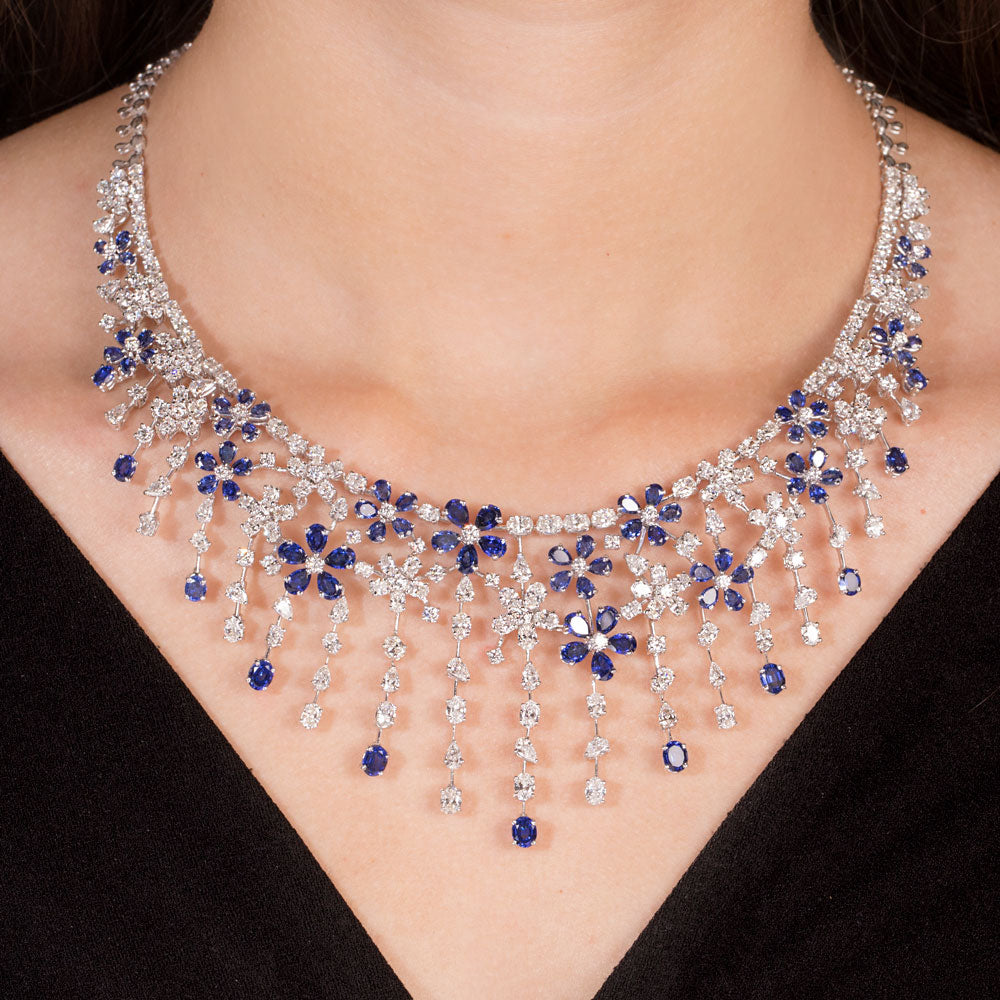 18K White Gold Diamond Necklace - 10.711ct VVS-VS-EFG with Colour Stones
