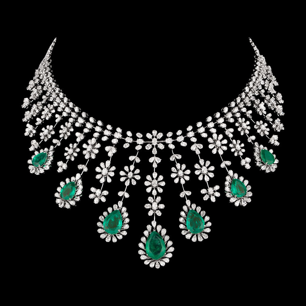 18K White Gold Diamond Necklace - 35.99ct VVS-EF with Colour Stones
