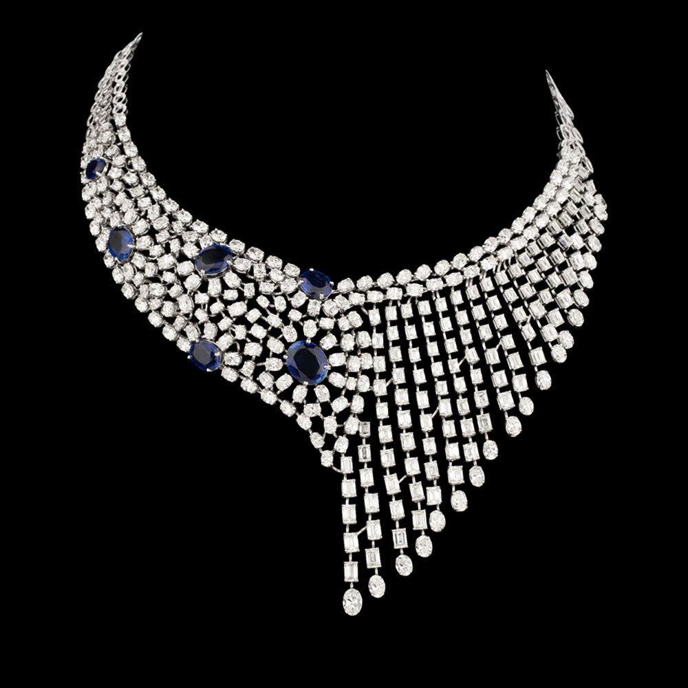 18K White Gold Diamond Necklace - 64.19ct VVS-VS-GH with Colour Stones