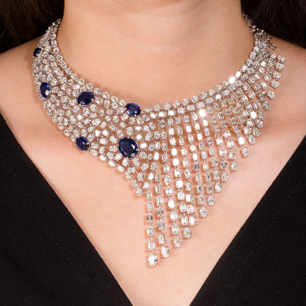 18K White Gold Diamond Necklace - 64.19ct VVS-VS-GH with Colour Stones