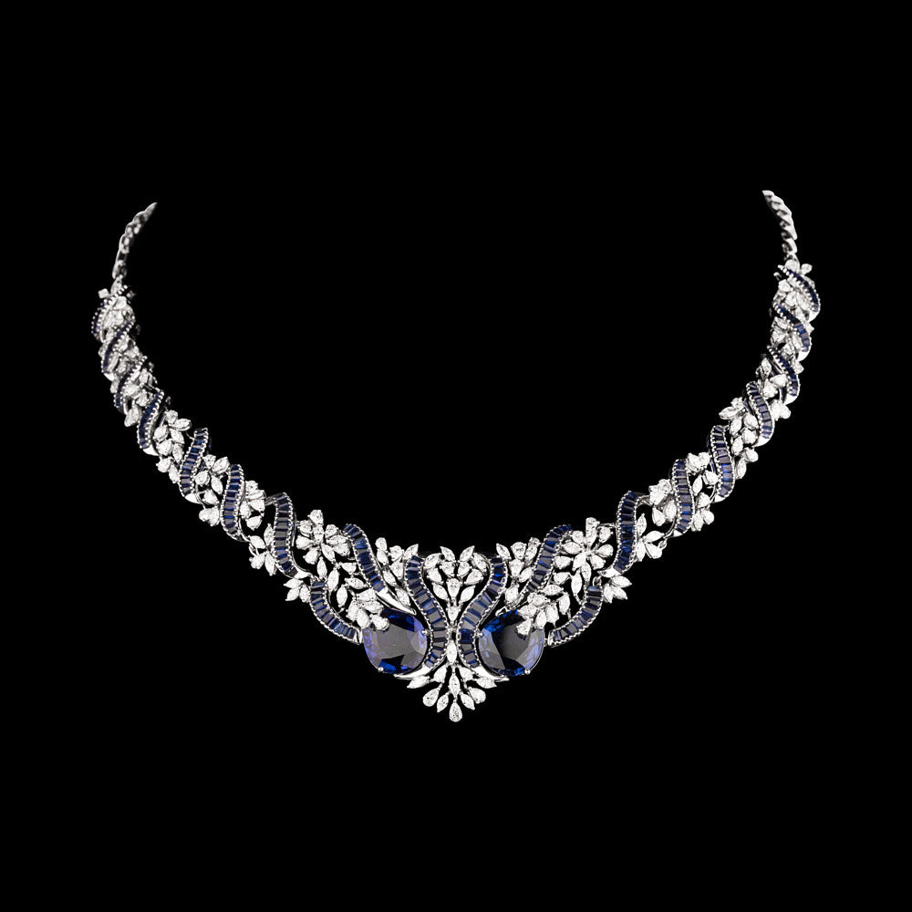 18K White Gold Diamond Necklace - 6.65ct VVS-EF with Colour Stones