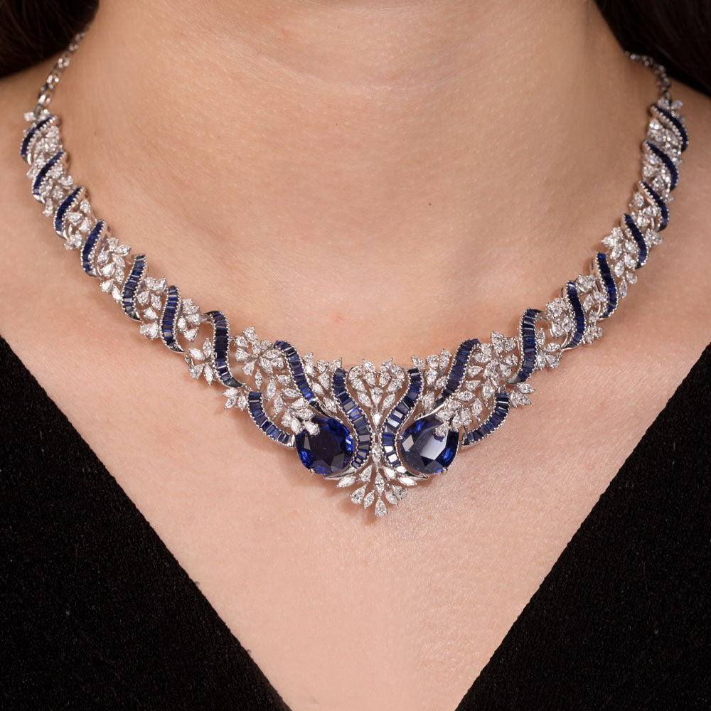 18K White Gold Diamond Necklace - 6.65ct VVS-EF with Colour Stones