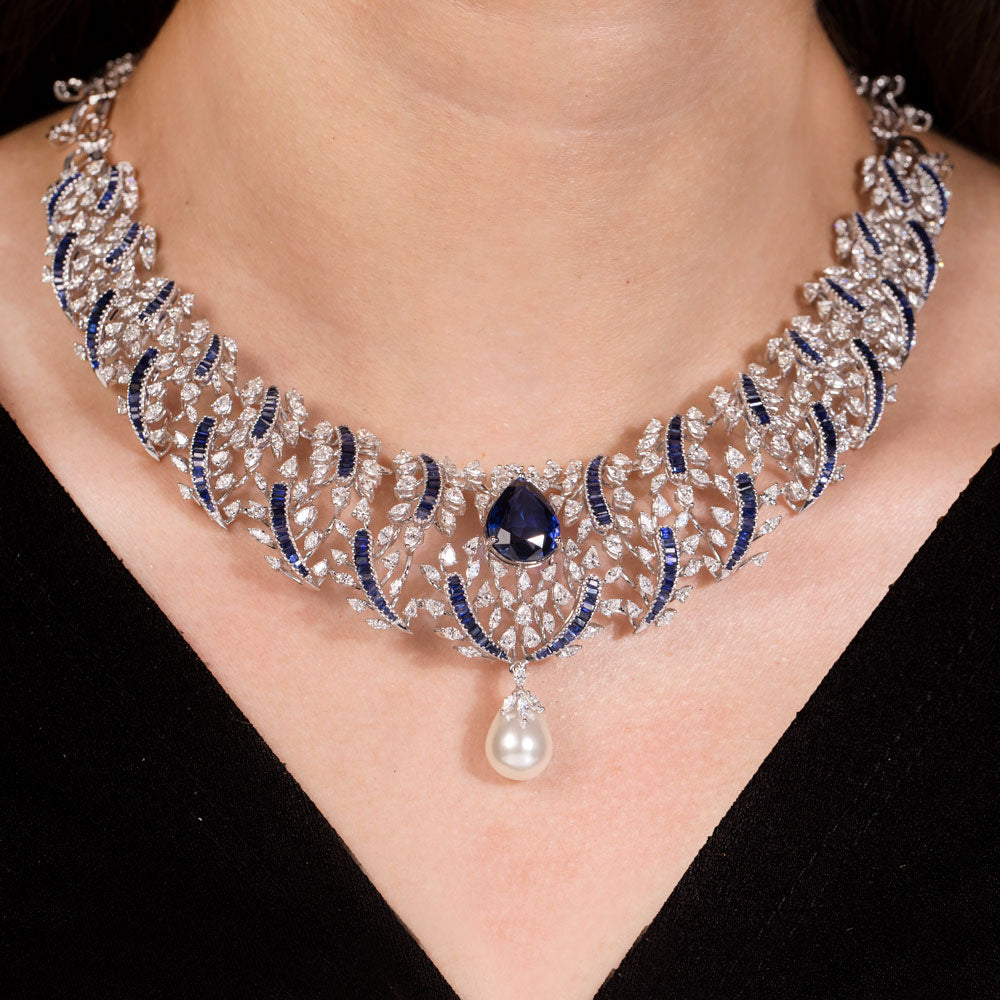 18K White Gold Diamond Necklace - 10.44ct VVS-EF with Colour Stones