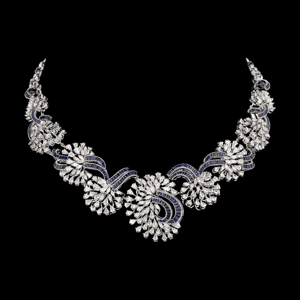 18K White Gold Diamond Necklace - 14.88ct VVS-EF with Colour Stones