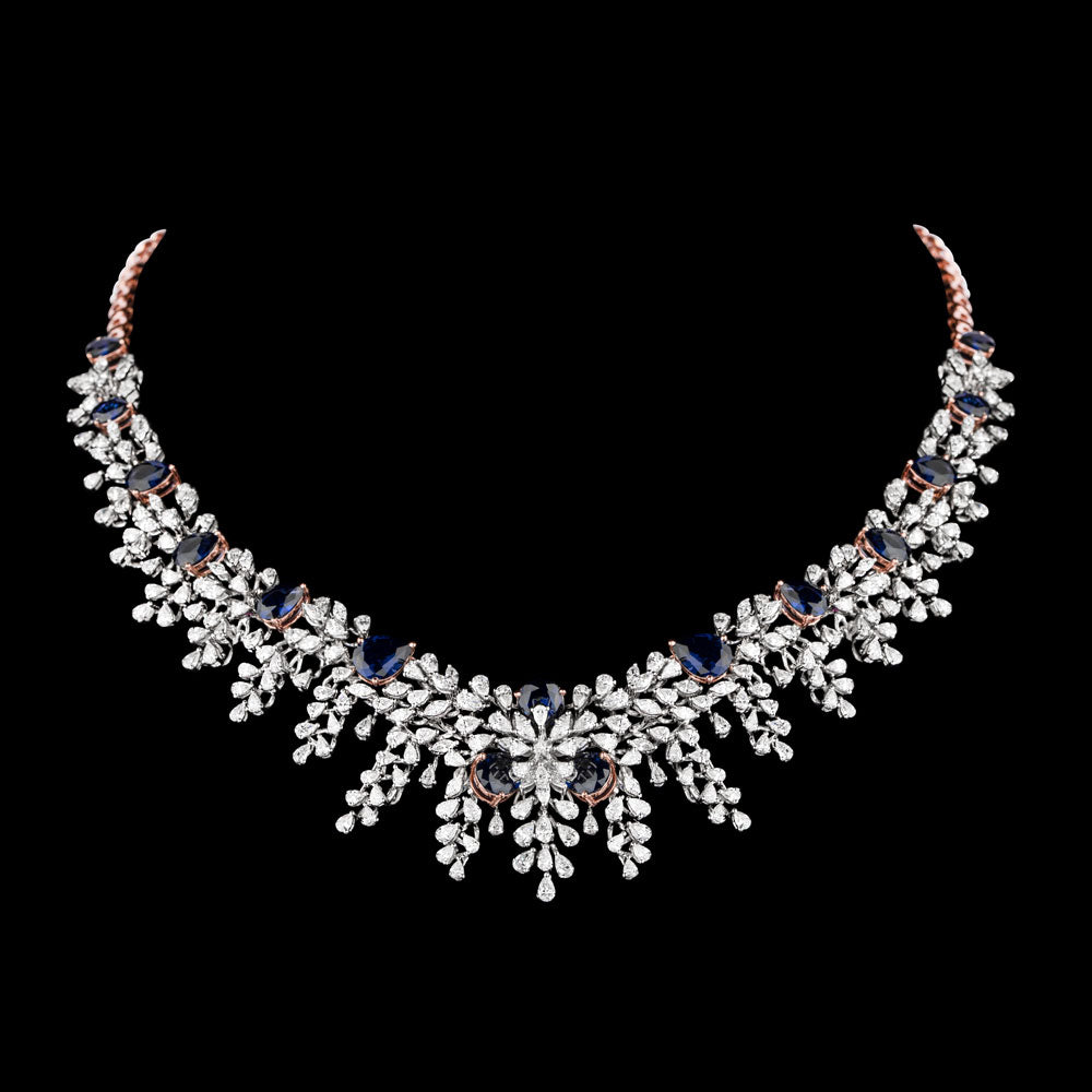 18K White Gold Diamond Necklace - 9.75ct VVS-EF with Colour Stones