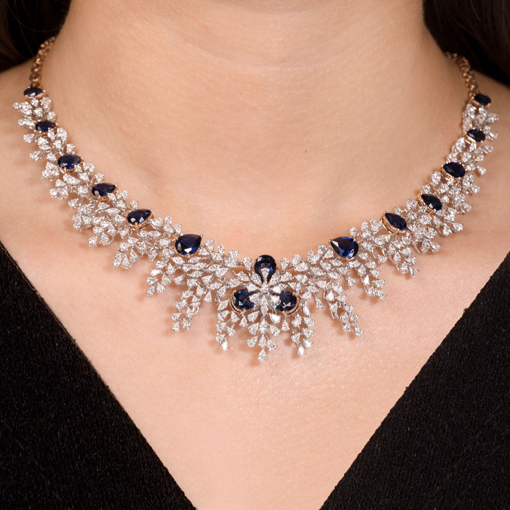 18K White Gold Diamond Necklace - 9.75ct VVS-EF with Colour Stones