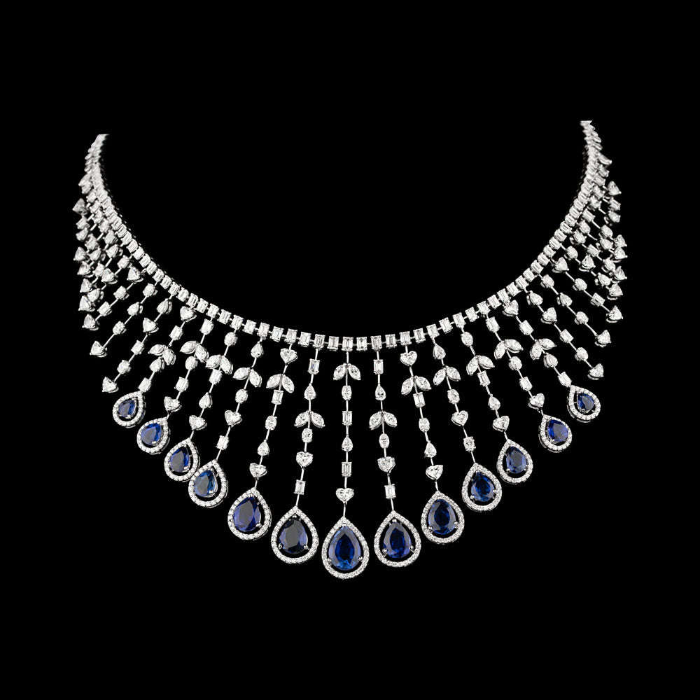18K White Gold Diamond Necklace - 22.98ct VVS-FG with Colour Stones