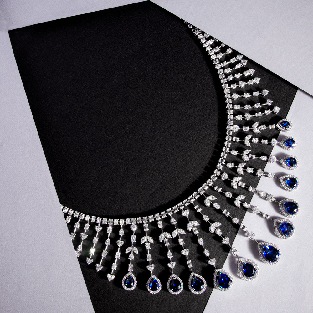 18K White Gold Diamond Necklace - 22.98ct VVS-FG with Colour Stones