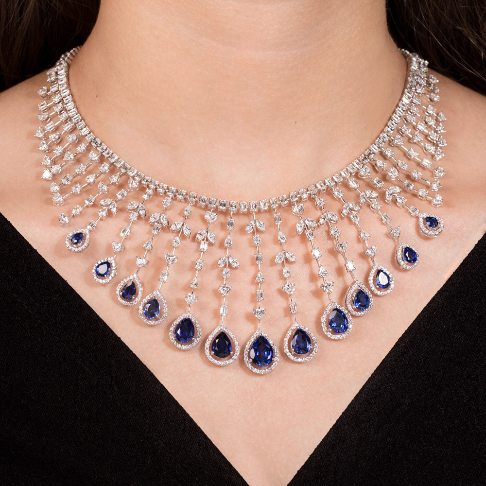 18K White Gold Diamond Necklace - 22.98ct VVS-FG with Colour Stones