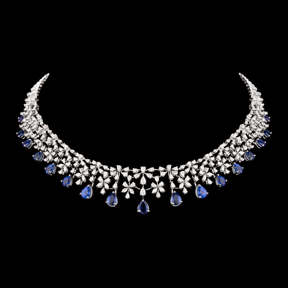 18K White Gold Diamond Necklace - 7.02ct VVS-EF with Colour Stones