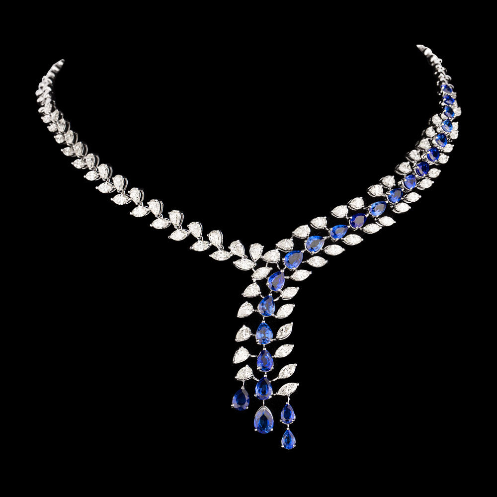 18K White Gold Diamond Necklace - 15.71ct VVS-VS-JK with Colour Stones