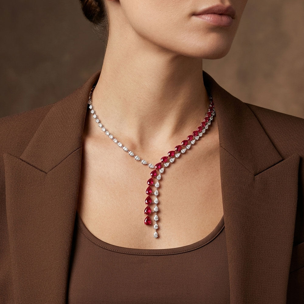 18K White Gold Diamond Necklace - 9.28ct VVS-VS-JK with Colour Stones