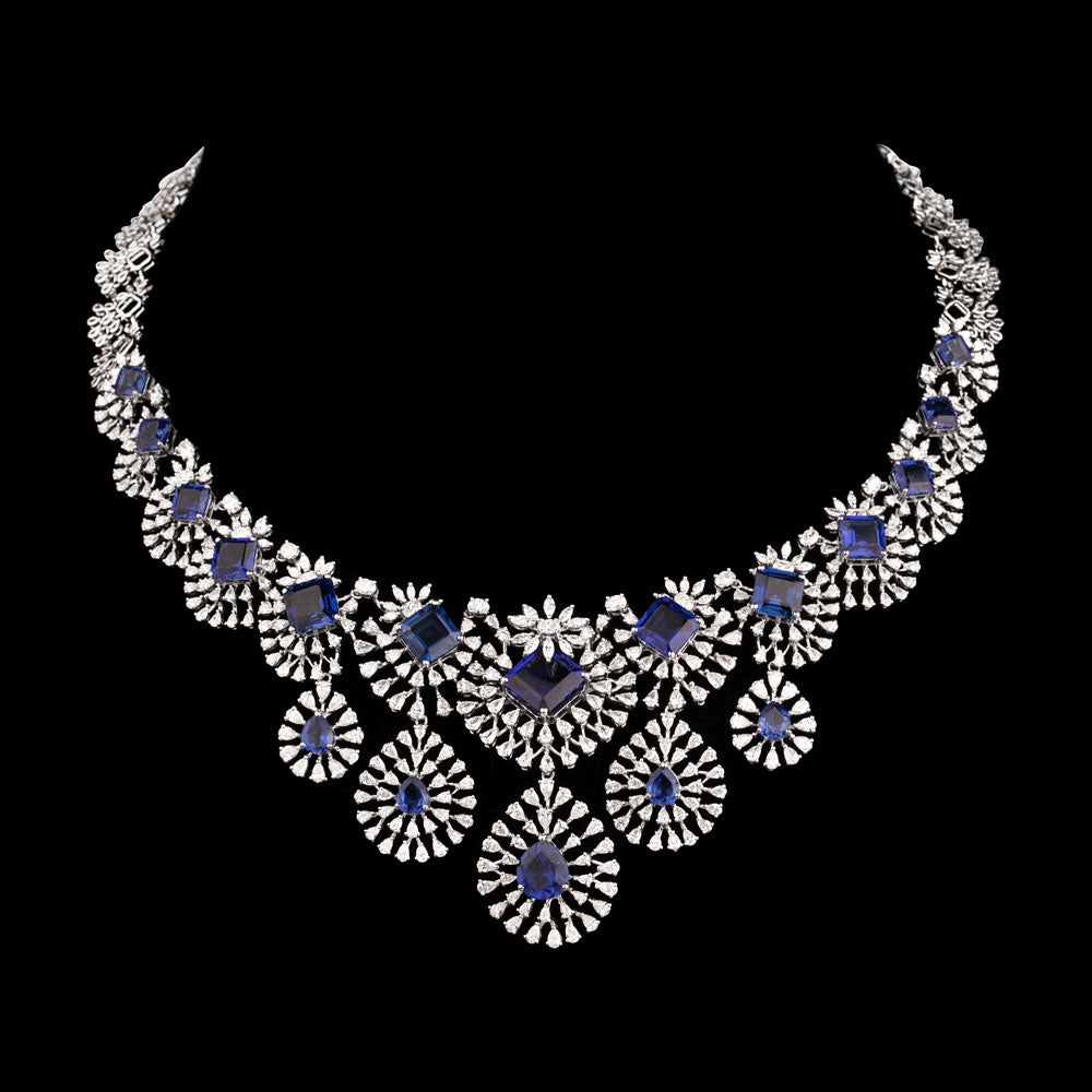 18K White Gold Diamond Necklace - 14.982ct VVS-EF with Colour Stones