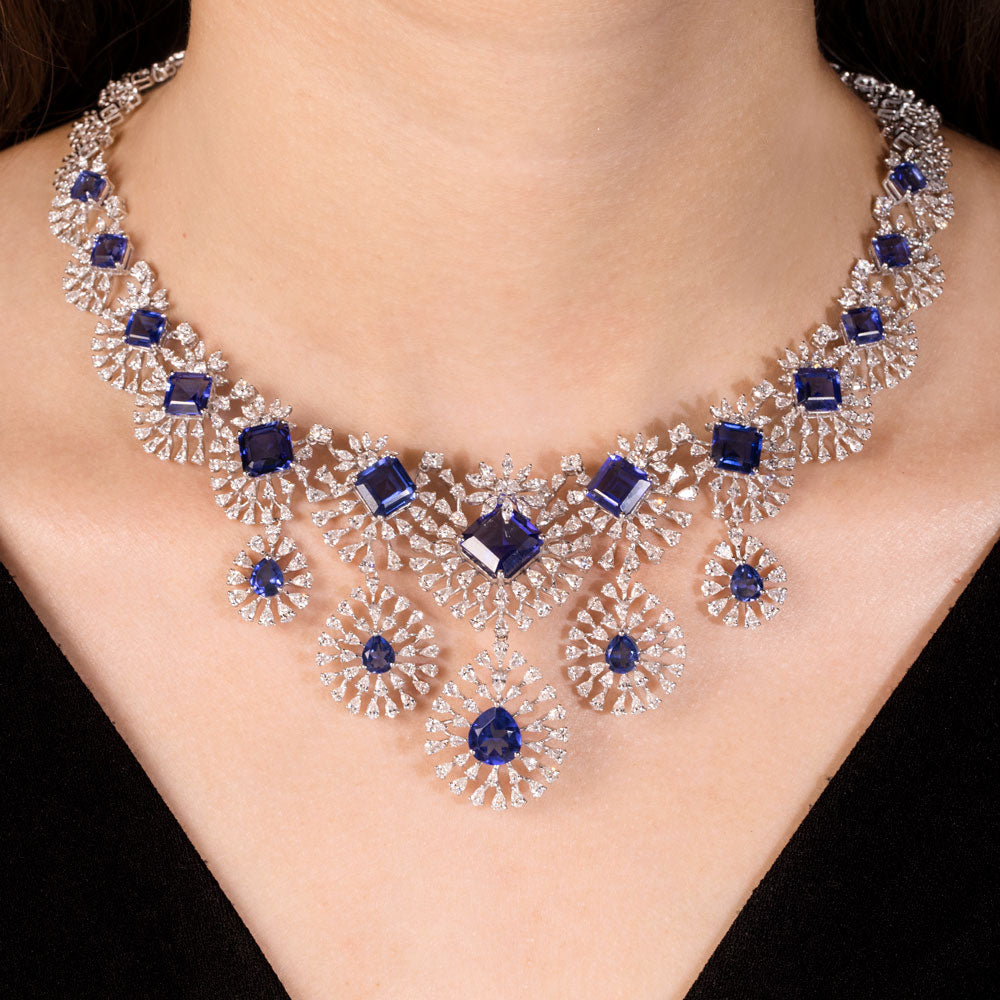 18K White Gold Diamond Necklace - 14.982ct VVS-EF with Colour Stones