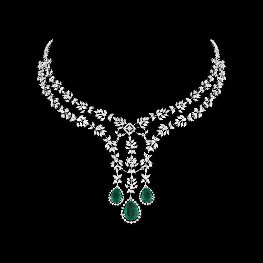18K White Gold Diamond Necklace - 13.847ct VVS-EF with Colour Stones