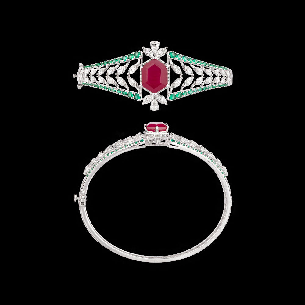 18K White Gold Diamond Kada - 3.02ct VVS-VS-FG with Colour Stones