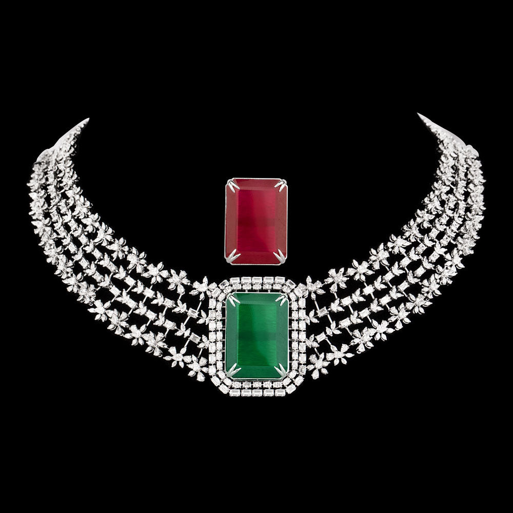 18K White Gold Diamond Necklace - 25.89ct VVS-EF with Colour Stones