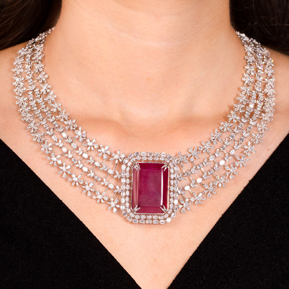 18K White Gold Diamond Necklace - 25.89ct VVS-EF with Colour Stones